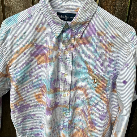 Ralph Lauren Men’s Classic Fit Pinstripe Paint Splattered Button Down Shirt Sz S - Picture 7 of 14